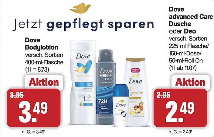 Dove Bodylotion 400 ml und Dove advanced Care Dusche oder Deo