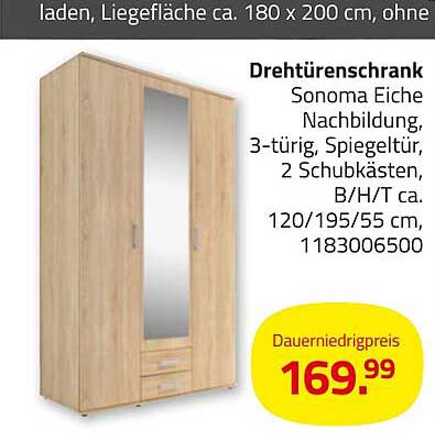 Drehtürenschrank Sonoma Eiche Nachbildung, 3-türig, Spiegeltür, 2 Schubkästen