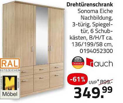 Drehtürenschrank Sonoma Eiche Nachbildung, 3-türig, Spiegeltür, 6 Schubkästen, B/H/T ca. 136/199/58 cm