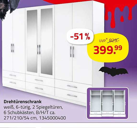 Drehtürenschrank weiß, 6-türig, 2 Spiegeltüren, 6 Schubkästen