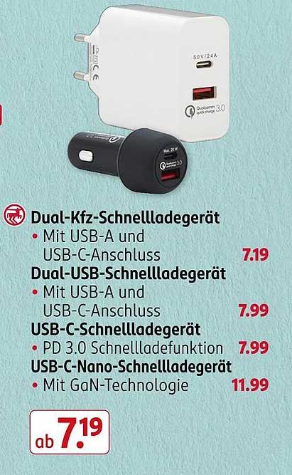 Dual-Kfz-Schnellladegerät, Dual-USB-Schnellladegerät, USB-C-Schnellladegerät und USB-C-Nano-Schnellladegerät