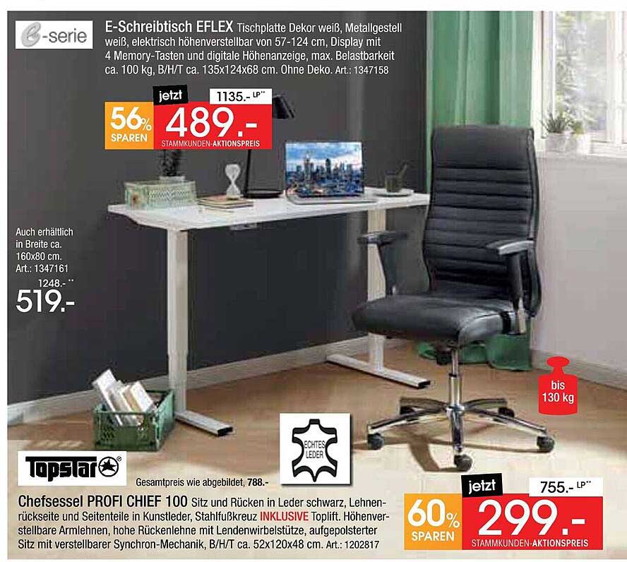 E-Schreibtisch EFLEX und Chefsessel PROFI CHIEF 100