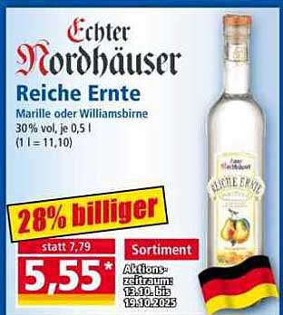 Echter Nordhäuser Reiche Ernte - Marille oder Williamsbirne 30% vol - 0,5 l