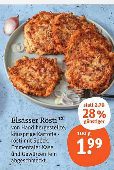 Elsässer Rösti 12 von Hand hergestellt, knusprige Kartoffelrösti mit Speck, Emmentaler Käse und Gewürzen fein abgeschmeckt