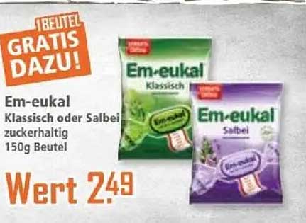Em-eukal Klassisch oder Salbei 150g Beutel – Zuckerhaltig, Gratis Beutel dazu!