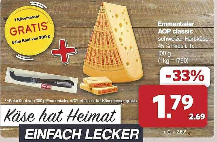 Emmentaler AOP classic Schweizer Hartkäse, 45 % Fett i. Tr. 100 g