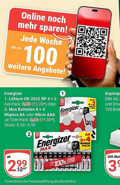 Energizer Batterien – Lithium CR-2032 BP 4 + 2 im 6er-Pack für nur 2,99 €