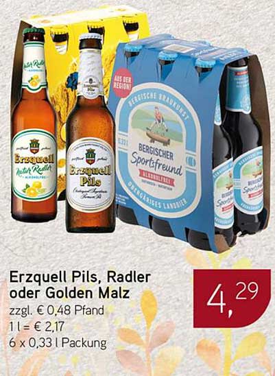 Erzquell Pils, Radler oder Golden Malz 6 x 0,33 l