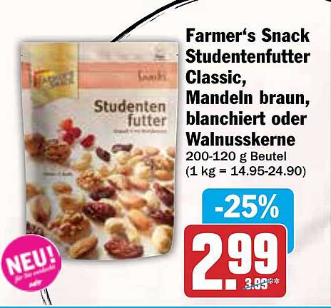 Farmer‘s Snack Studentenfutter Classic, Mandeln braun, blanchiert oder Walnüsse