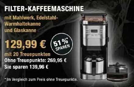 FILTER-KAFFEEMASCHINE mit Mahlwerk, Edelstahl-Warmhaltekanne und Glaskanne