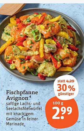 Fischpfanne Avignon - saftige Lachs- und Seelachsfiletwürfel mit knackigem Gemüse