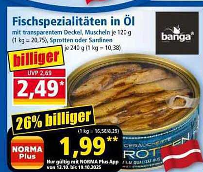 Fischspezialitäten in Öl von Banga - Muscheln, Spratten oder Sardinen