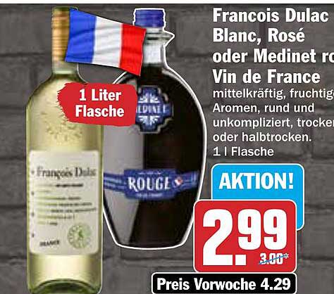 Francois Dulac Blanc, Rosé oder Medinet rot Vin de France - 1 Liter Flasche