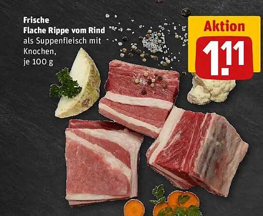 Frische Flache Rippe vom Rind als Suppenfleisch mit Knochen, je 100 g