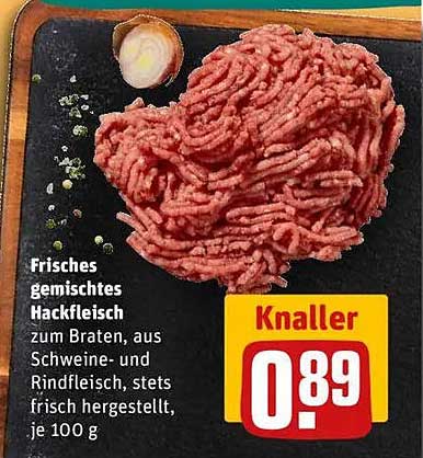 Frisches gemischtes Hackfleisch zum Braten, aus Schweine- und Rindfleisch, stets frisch hergestellt, je 100 g