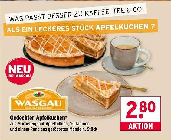 Gedeckter Apfelkuchen aus Mürbeteig, mit Apfelfüllung, Sultaninen und einem Rand aus gerösteten Mandeln, Stück
