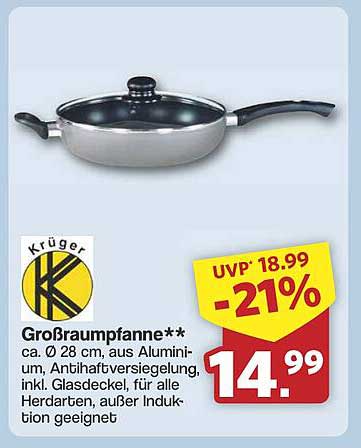 Großraumpfanne von Krüger - Ø 28 cm, Antihafteigenschaft, inkl. Glasdeckel