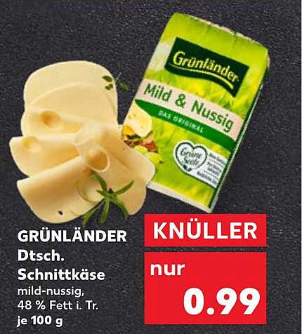 GRÜNLÄNDER Dt. Schnittkäse mild-nussig, 48 % Fett i. Tr. je 100 g