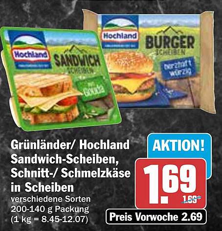 Grünländer/ Hochland Sandwich-Scheiben, Schnitt-/Schmelzkäse in Scheiben
