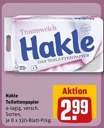 Hakle Toilettenpapier 4-lagig, verschiedene Sorten, je 8 x 130-Blatt-Packung