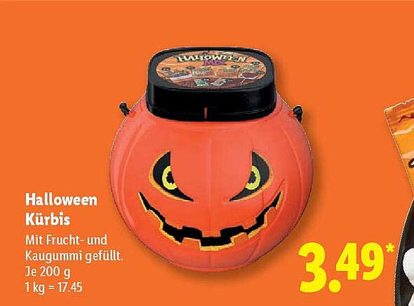 Halloween Kürbis mit Frucht- und Kaugummi gefüllt, 200 g