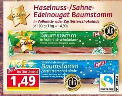 Haselnuss-/Sahne-Edelnugat Baumstamm in Vollmilch- oder Zartbitterschokolade