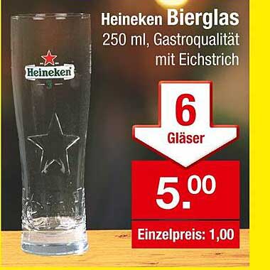 Heineken Bierglas 250 ml, Gastroqualität mit Eichstrich - 6 Gläser für nur 5,00 €