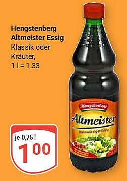 Hengstenberg Altmeister Essig Klassik oder Kräuter, 0,75 l für nur 1,00 €