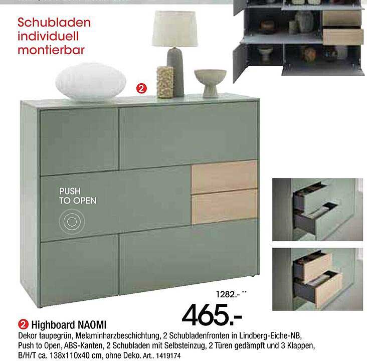 Highboard NAOMI – Taupegrün mit Lindberg-Eiche-Fronten