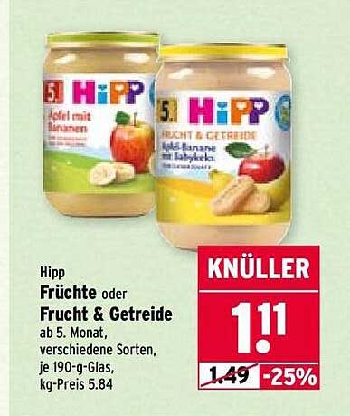 Hipp Früchte oder Frucht & Getreide ab 5. Monat, verschiedene Sorten, je 190-g-Glas