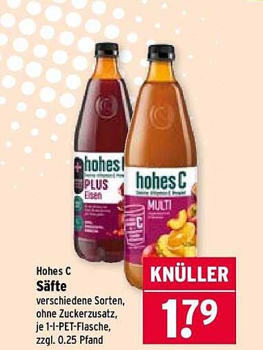 Hohes C Säfte verschiedene Sorten, ohne Zuckerzusatz, je 1-l-PET-Flasche, zzgl. 0.25 Pfand