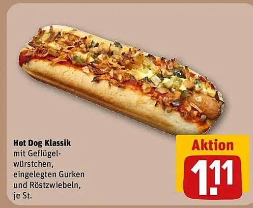 Hot Dog Klassik mit Geflügelwürstchen, eingelegten Gurken und Röstzwiebeln, je St.