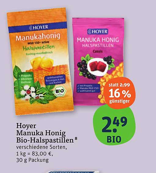 Hoyer Manuka Honig Bio-Halspastillen 8 verschiedene Sorten