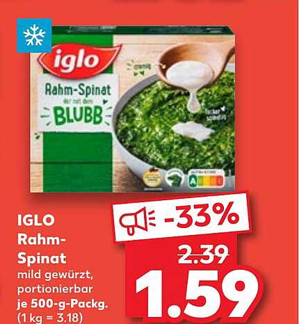 IGLO Rahm-Spinat mild gewürzt, portionierbar je 500-g-Pack.