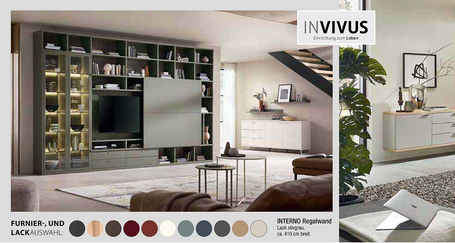 INTERNO Regalwand, Lack olivgrau, ca. 410 cm breit