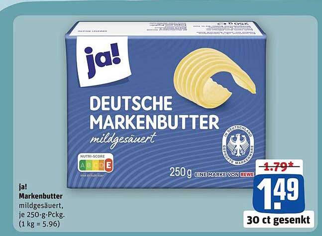 ja! Deutsche Markenbutter mildgesäuert, je 250-g-Pckg.