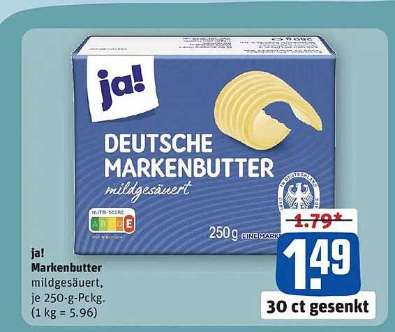 ja! Deutsche Markenbutter mildgesäuert, je 250-g-Pckg.
