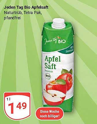 Jeden Tag Bio Apfelsaft Naturtrüb, Tetra Pak, pfandfrei