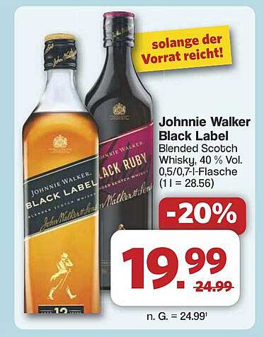 Johnnie Walker Black Label Blended Scotch Whisky, 0,5/0,7 l-Flasche