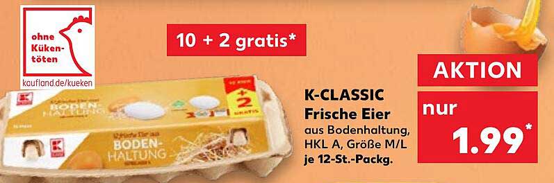 K-CLASSIC Frische Eier aus Bodenhaltung, HKL A, Größe M/L je 12-St.-Pack.