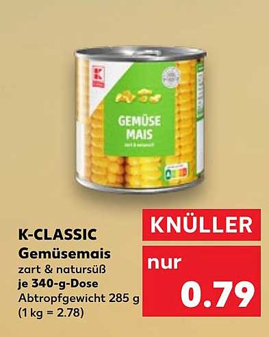 K-CLASSIC Gemüsemais zart & natursüß je 340-g-Dose