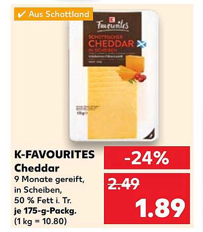 K-FAVOURITES Cheddar 9 Monate gereift, in Scheiben