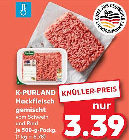 K-PURLAND Hackfleisch gemischt vom Schwein und Rind je 500-g-Packung