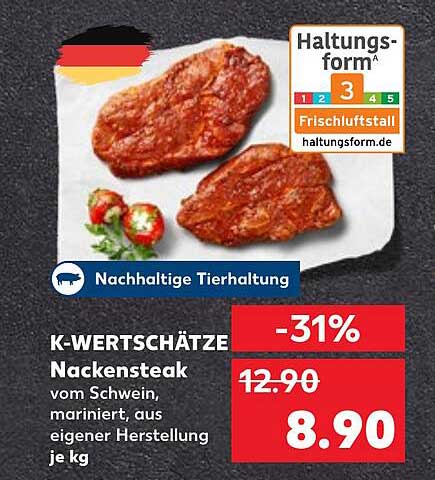 K-WERTSCHÄTZE Nackensteak vom Schwein, mariniert, aus eigener Herstellung je kg