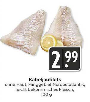 Kabeljaufilets ohne Haut, Fanggebiet Nordostatlantik, leicht bekömmliches Fleisch, 100 g