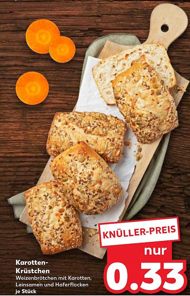 Karotten-Krüstchen Weizenbrötchen mit Karotten, Leinsamen und Haferflocken je Stück