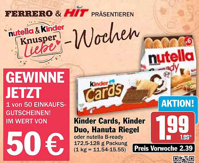 Kinder Cards, Kinder Duo, Hanuta Riegel oder nutella B-ready 172,5-128 g