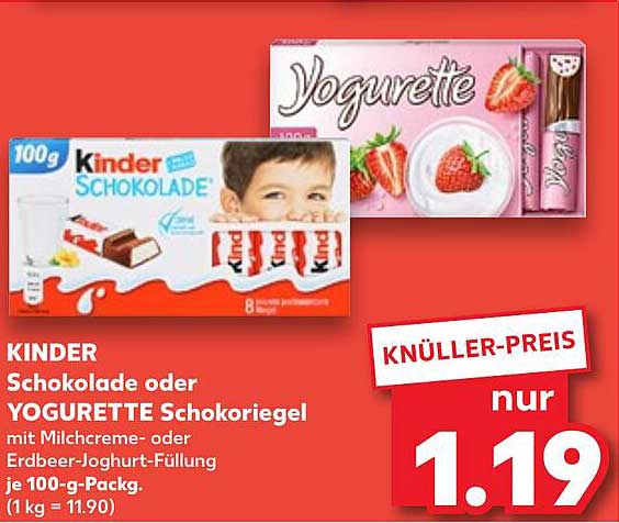 KINDER Schokolade oder YOGURETTE Schokoriegel mit Milchcreme- oder Erdbeer-Joghurt-Füllung je 100-g-Pack.