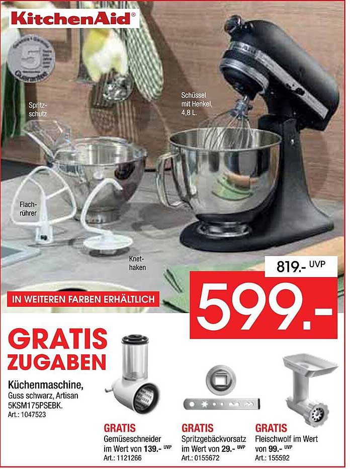 KitchenAid Küchenmaschine, Guss schwarz, Artisan 5KSM175PSEBK