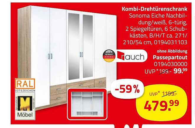 Kombi-Drehtürenschrank Sonoma Eiche Nachbildung/weiß, 6-türig, 2 Spiegeltüren, 6 Schubkästen
